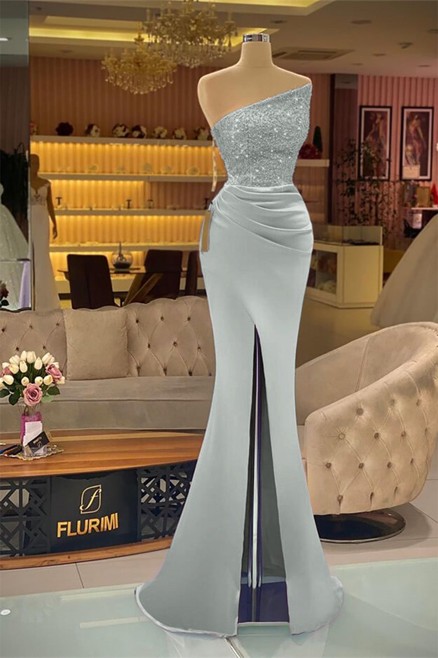 Sleeveless Strapless Mermaid Prom Dress Long Split With Sequins