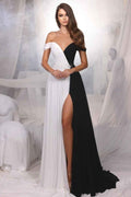 Black And White Off the Shoulder Beadings Long Prom Dress With Front Split