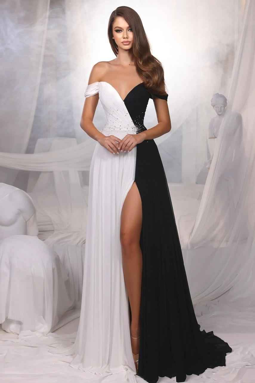 Black And White Off the Shoulder Beadings Long Prom Dress With Front Split