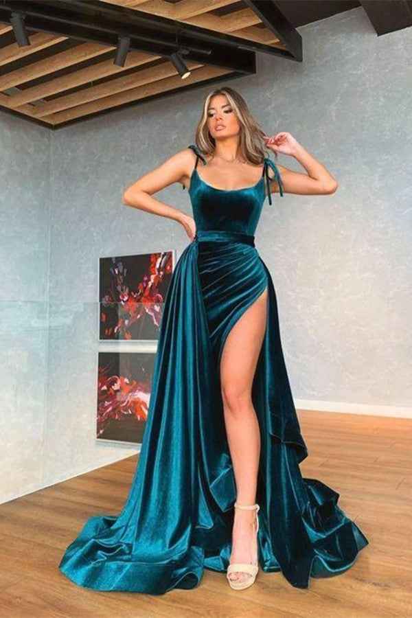 Sleeveless Pleated Long Mermaid Detachable Skirt Prom Dress With Side Split