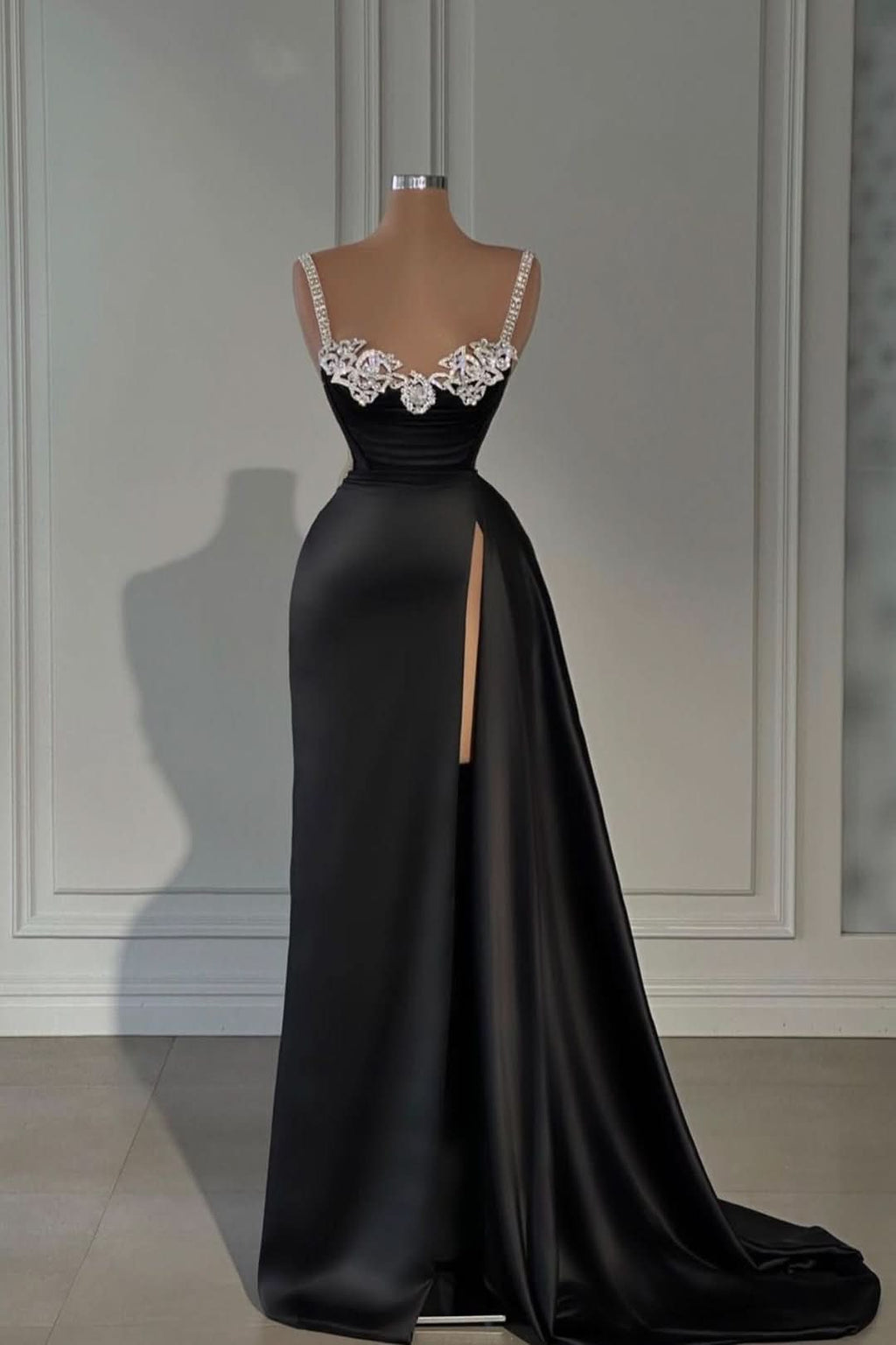 Black Satin Spaghetti Strap Evening Dress with Split and Beadings BM bride