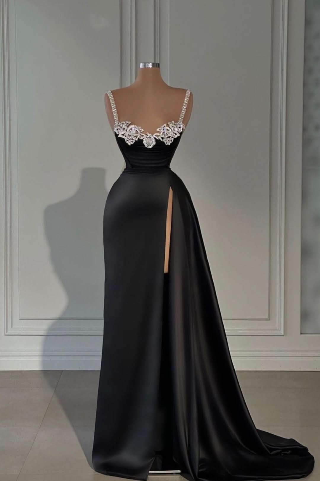 Black Satin Spaghetti Strap Evening Dress with Split and Beadings BM bride