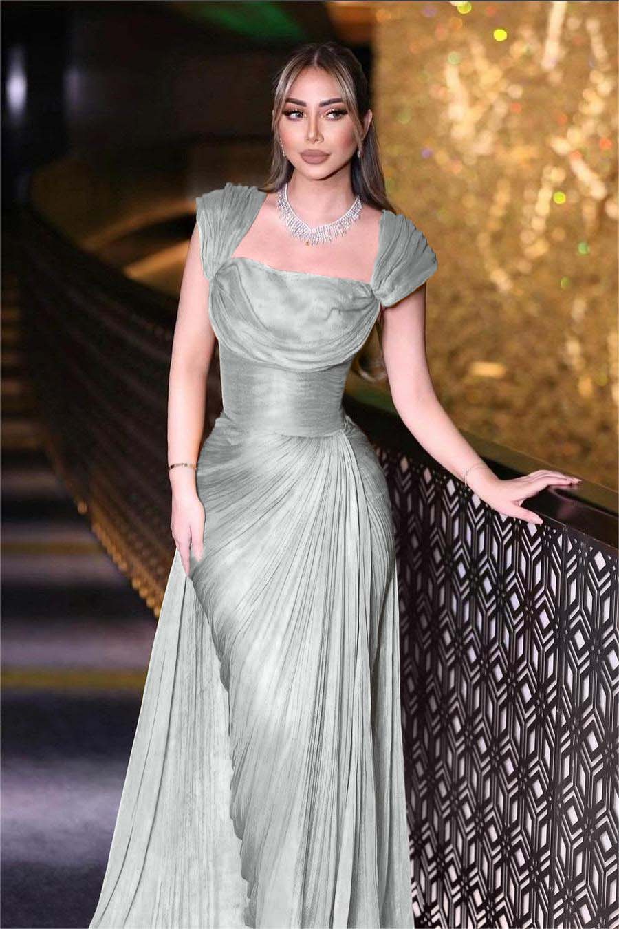 Daffodils Square Neck Sleeveless High Waist Long Pleated Prom Dress With Split BMBRIDE