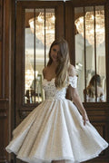 A-Line Off-the-Shoulder Short Wedding Dress with Lace Appliques BM bride