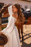 White Long Sleeve Wedding Dress with Lace and Split BM bride