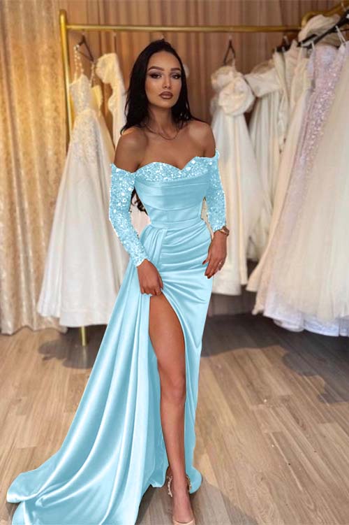 Off the Shoulder Long Sleeves Long Mermaid Prom Dress With Pleated BMBRIDE