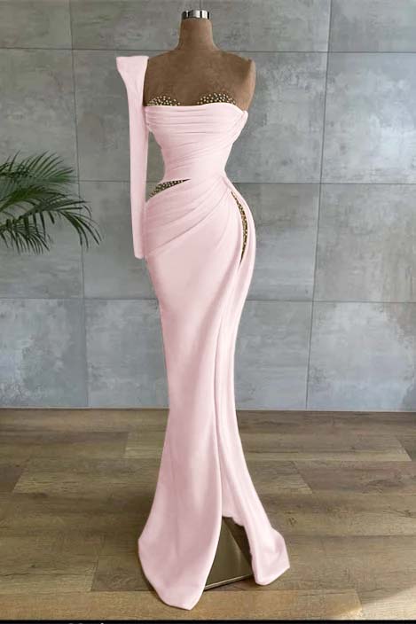 One Shoulder Long Sleeve Long High Split Prom Dress With Beading BMBRIDE