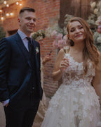 Long A-Line V-Neck Tulle Backless Wedding Dress with Lace Appliques BM bride