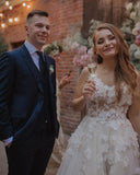 Long A-Line V-Neck Tulle Backless Wedding Dress with Lace Appliques BM bride