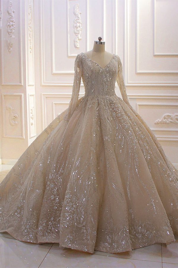Long Sleeve V-Neck Ball Gown Wedding Dress with Sequins, Beading, and Ruffles BM bride