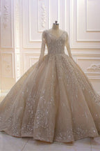 Long Sleeve V-Neck Ball Gown Wedding Dress with Sequins, Beading, and Ruffles BM bride