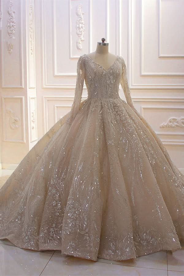Long Sleeve V-Neck Ball Gown Wedding Dress with Sequins, Beading, and Ruffles BM bride