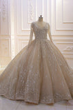 Long Sleeve V-Neck Ball Gown Wedding Dress with Sequins, Beading, and Ruffles BM bride