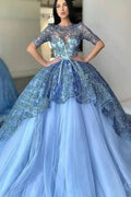 Gorgeous Jewel Half Sleeves Ball Gown Lace Evening Dress with Tulle Appliques BM bride