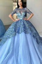 Gorgeous Jewel Half Sleeves Ball Gown Lace Evening Dress with Tulle Appliques BM bride