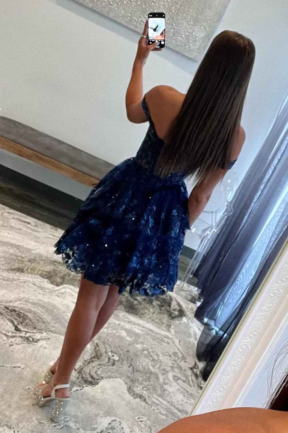 Sparkly Grey A-Line Tiered Lace Short Homecoming Prom Dress Bmbride