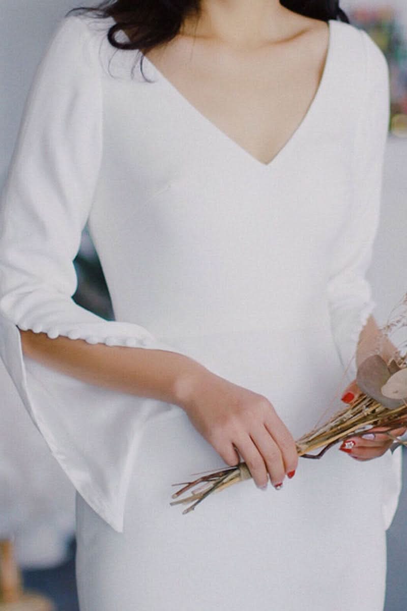 V-Neck Long Sleeve Slit Wedding Dress BM bride