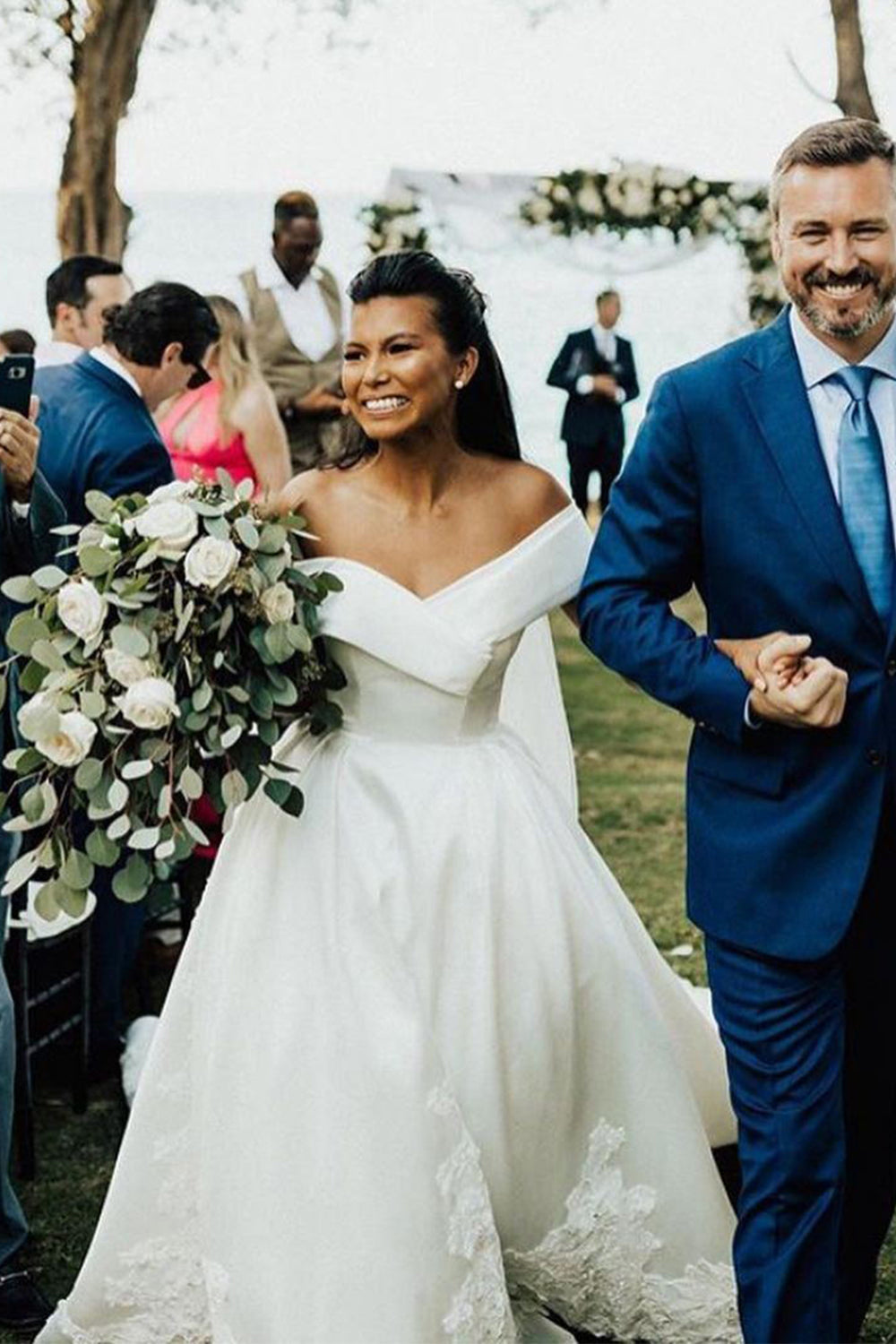 White V-Neck Off-the-Shoulder Ball Gown Wedding Dress with Lace BM bride