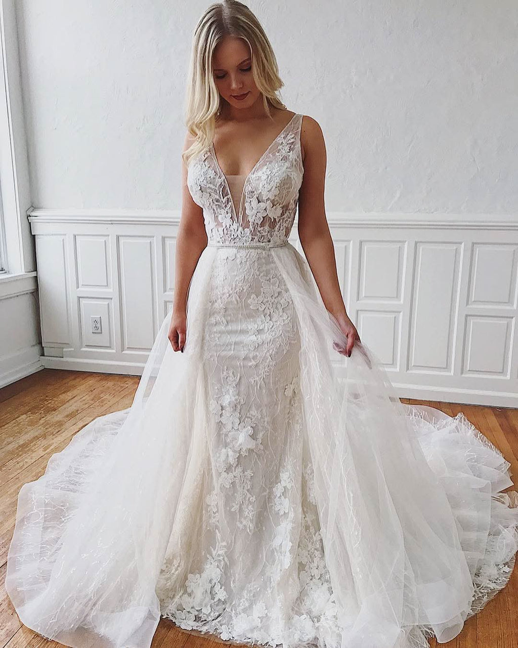 Straps Mermaid Wedding Dresses With Detachable Lace BM bride