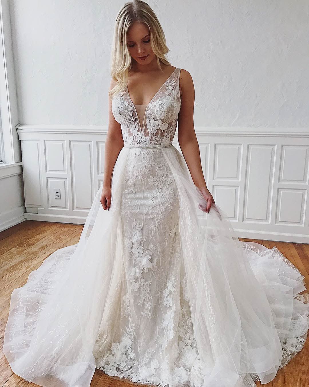 Straps Mermaid Wedding Dresses With Detachable Lace BM bride