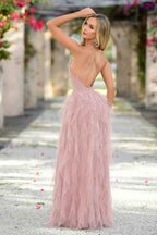 Sleeveless Spaghetti Strap Backless Long Prom Dress With Ruffles