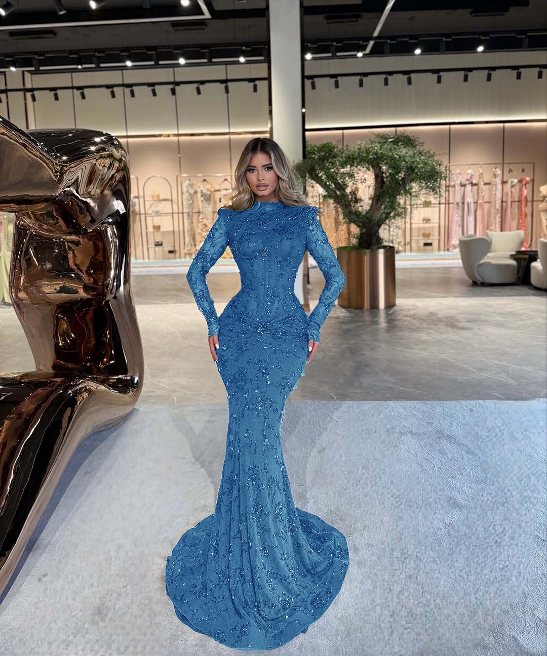High Neck Long Sleeves Long Mermaid Prom Dress With Beading Pleated BMBRIDE