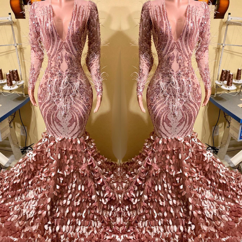 Pink V-Neck Long Sleeve Mermaid Prom Dress with Feathers and Sequins BM bride