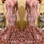 Pink V-Neck Long Sleeve Mermaid Prom Dress with Feathers and Sequins BM bride