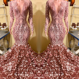 Pink V-Neck Long Sleeve Mermaid Prom Dress with Feathers and Sequins BM bride