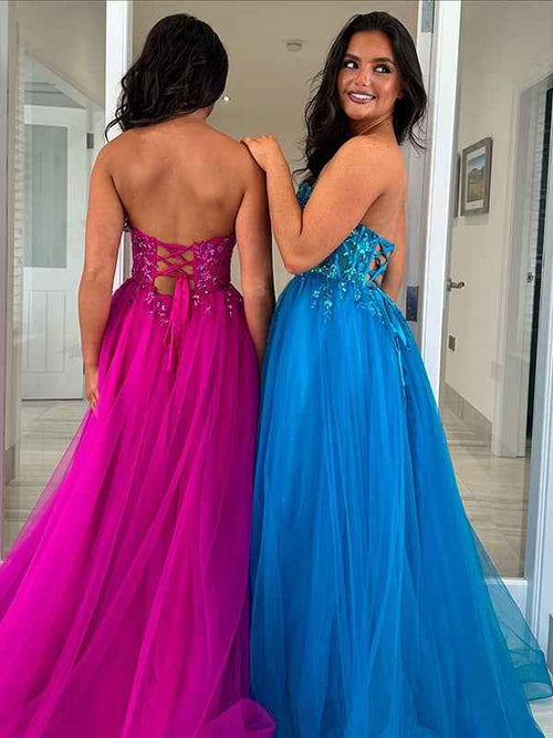 Royal Blue Strapless A-Line Tulle Long Prom Dress with Appliques BMBRIDE