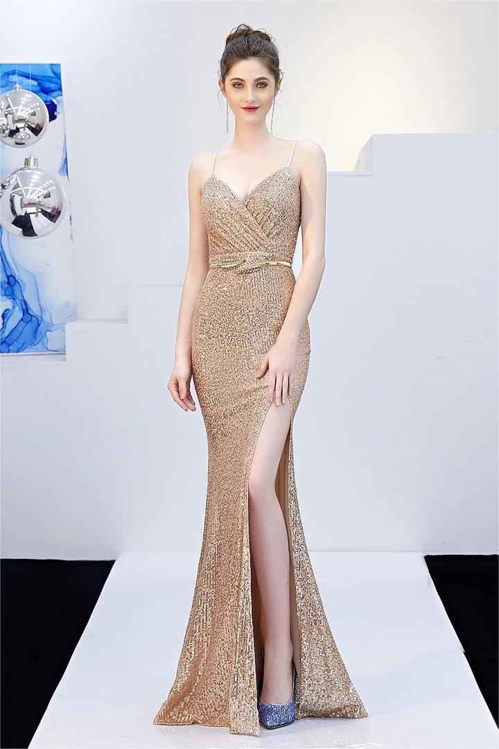 Dark Navy Sequins V Neck Sleeveless Spaghetti Strap Long Mermaid Prom Dress With Split