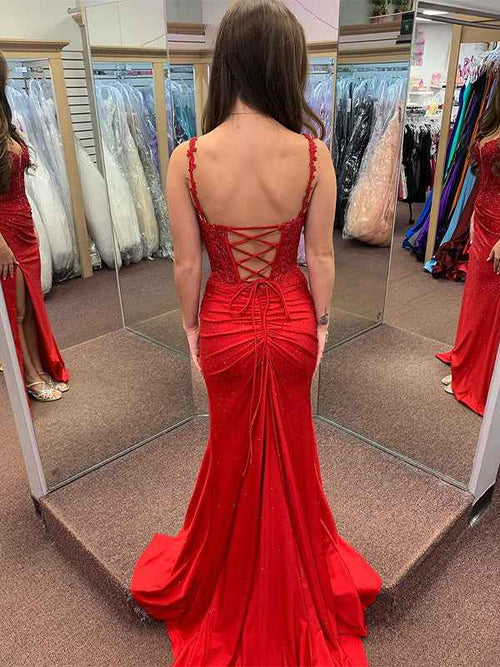 Red Mermaid Spaghetti Straps Beaded Applique Long Prom Dress with Slit BMBRIDE