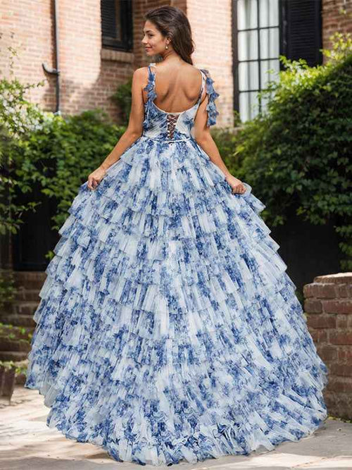 Blue Floral A Line V Neck Long Pleated Prom Dress With Slit BMBRIDE