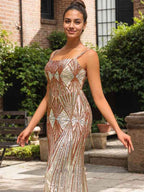 Sparkly Gold Mermaid Spaghetti Straps Corset Sequin Long Prom Dress