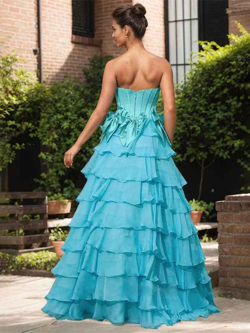 Blue A Line Strapless Long Pleated Prom Dress With Slit BMBRIDE