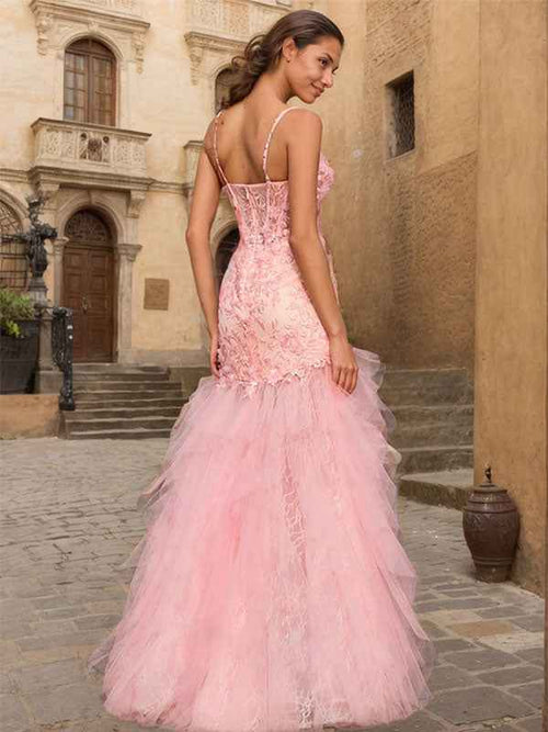 Pink Sheath V-Neck Corset Tiered Long Prom Dress With Beading Slit BMBRIDE