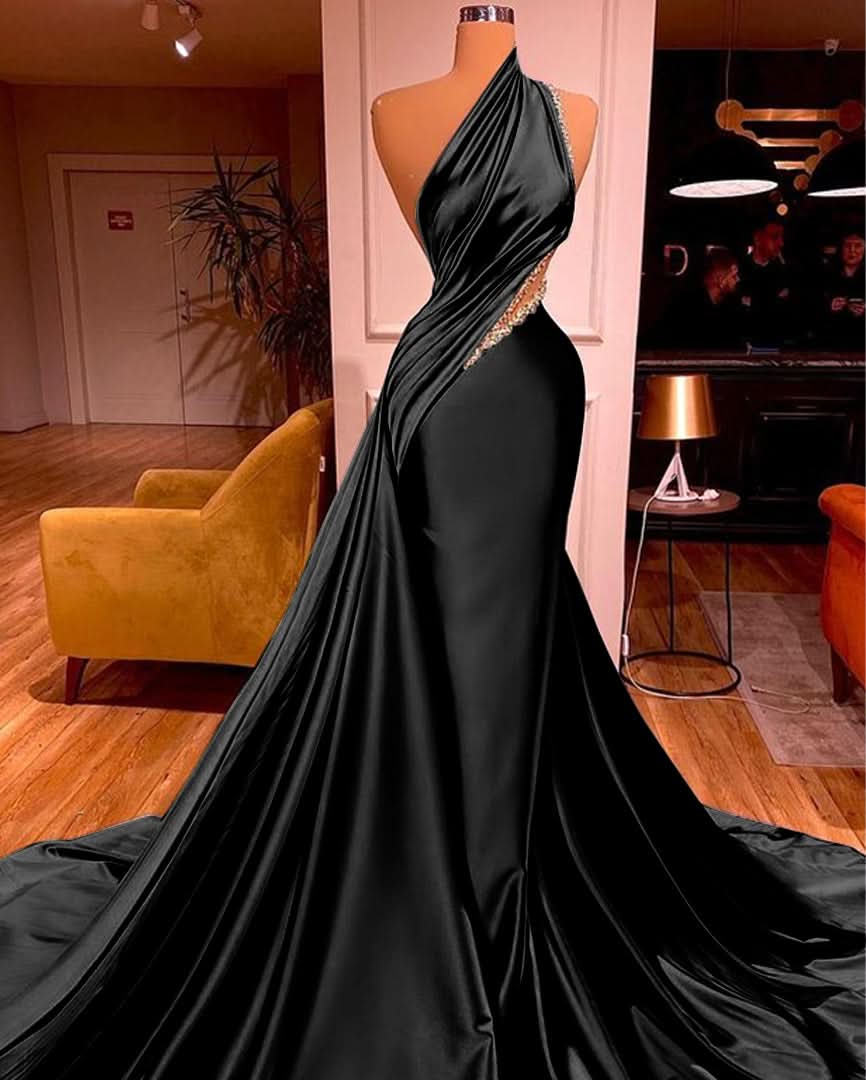 Elegant One Shoulder Mermaid Prom Dress Long Pleated with Beads BM bride