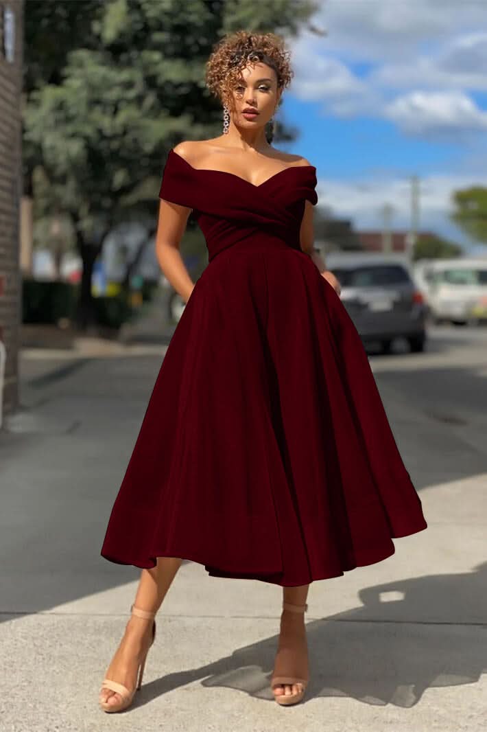 Burgundy Off-The-Shoulder A-Line Short Evening Dress BM bride