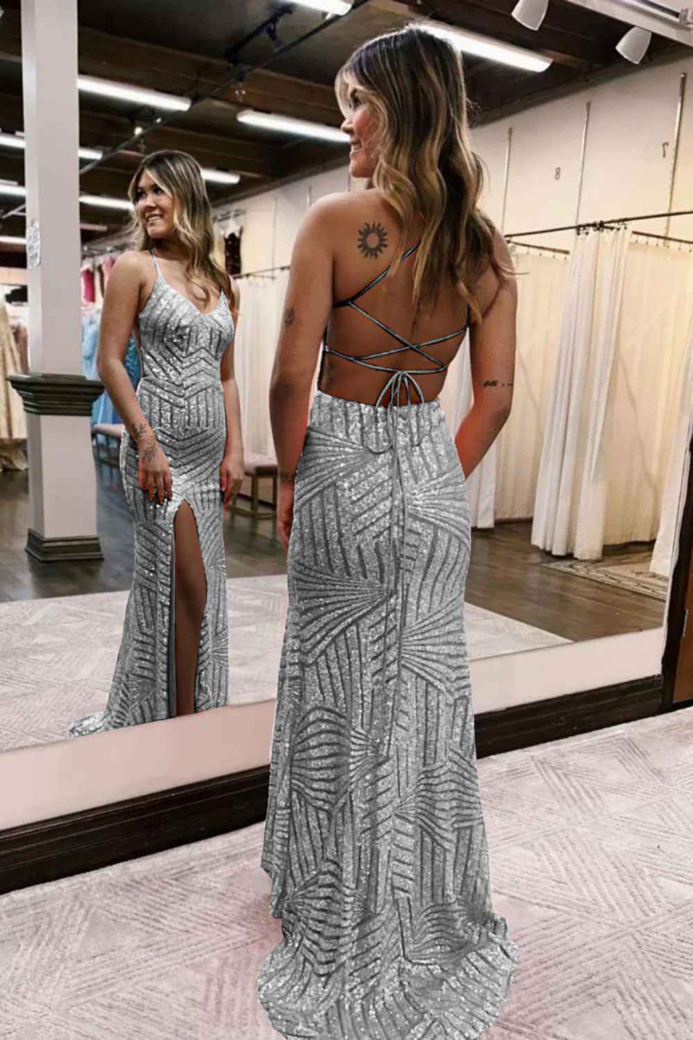 Sheath Spaghetti Straps Orange Sequins Long Prom Dress with Criss Cross Back