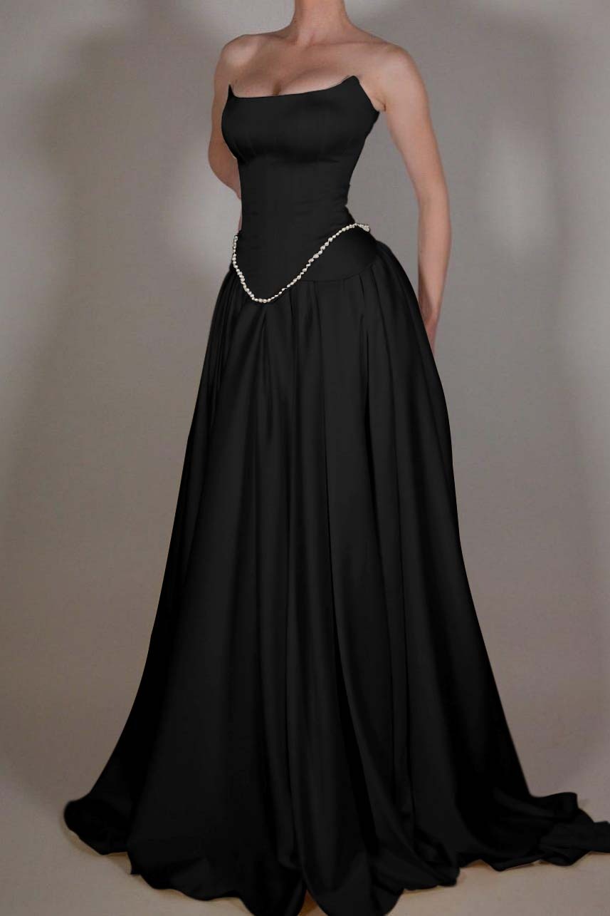 Strapless Sleeveless Long A Line Prom Dress With Pleated Beading BMBRIDE