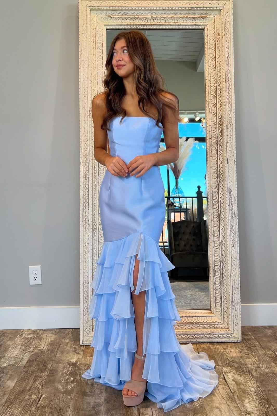 Strapless Sleeveless Mermaid Split Long Prom Dress With Ruffles