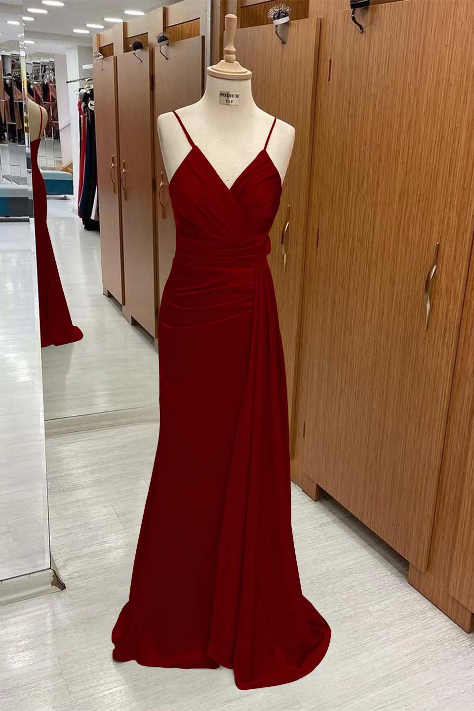 Spaghetti Strap Sleeveless Long Mermaid Prom Dress With Pleated BMBRIDE