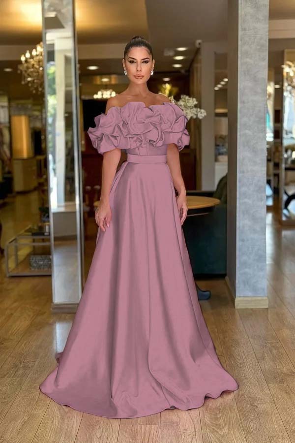 Off the Shoulder Sleeveless A Line Long Prom Dress With Pleated BMBRIDE