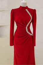 Red High Neck Long Sleeves Long Prom Dress With Pleated Beading