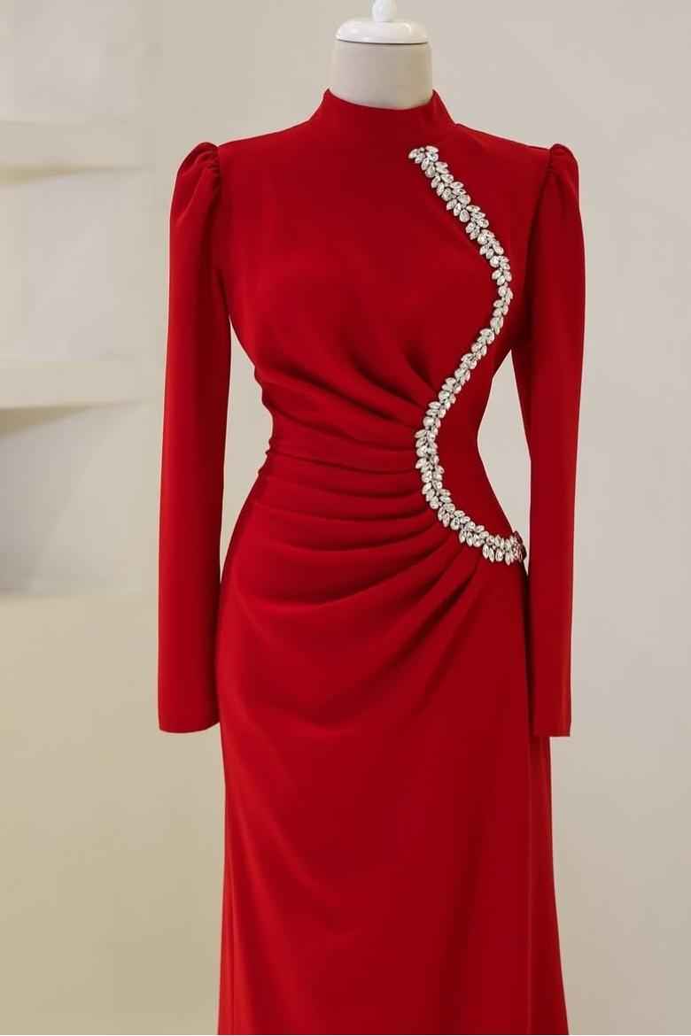 Red High Neck Long Sleeves Long Prom Dress With Pleated Beading