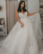 Elegant Long A-Line V-Neck Wedding Dress with Open Back and Tulle BM bride