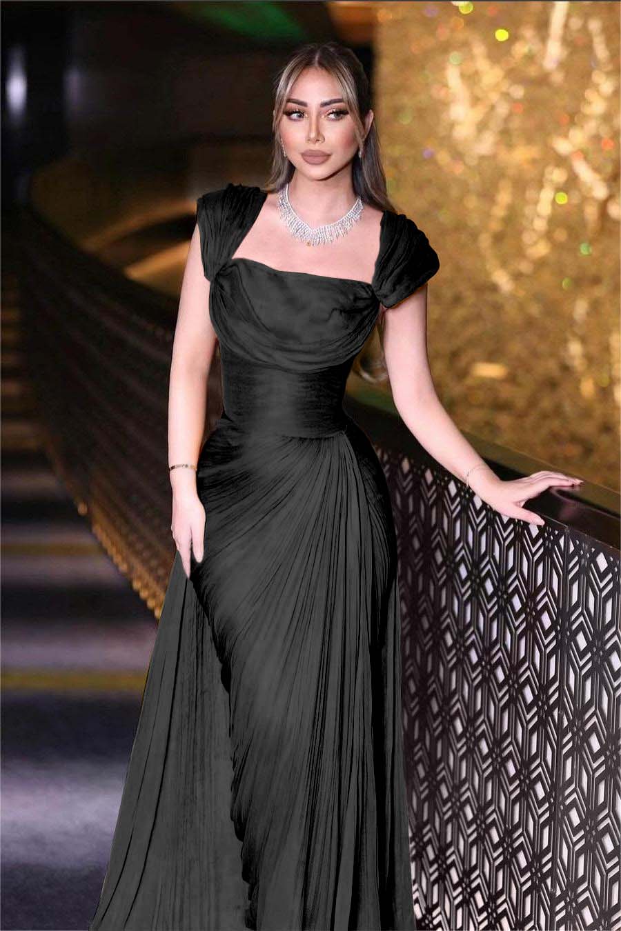 Daffodils Square Neck Sleeveless High Waist Long Pleated Prom Dress With Split BMBRIDE