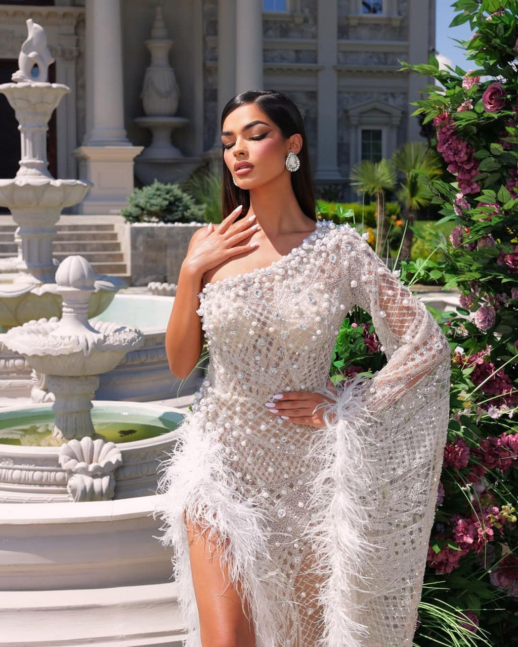 Heavy White Tulle One Shoulder Evening Dress with High Slit BM bride