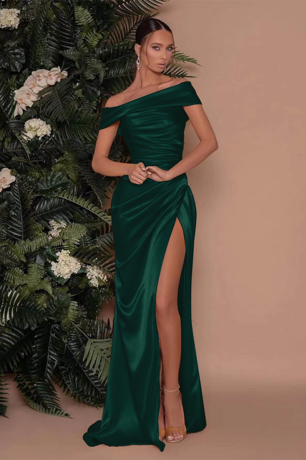 Champagne Off-The-Shoulder Charmeuse Prom Dress with Split Mermaid BM bride