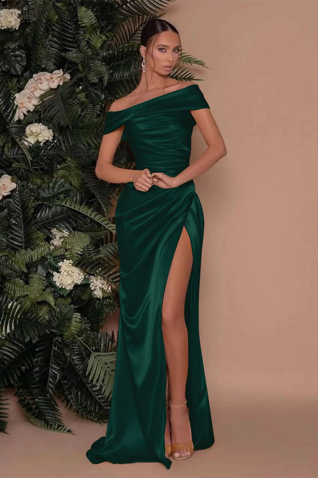 Champagne Off-The-Shoulder Charmeuse Prom Dress with Split Mermaid BM bride